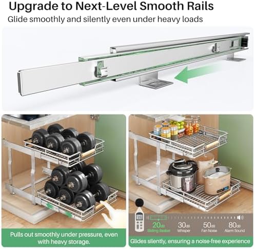 Pull out Cabinet Organizer, 2 Tiers 17"W X 21"D, Heavy Duty Smooth Sliding Under Cabinet Shelves for Pots and Pans, Full-Extension Roll out Drawers, Slide out Organization for Home Kitchen Pantry