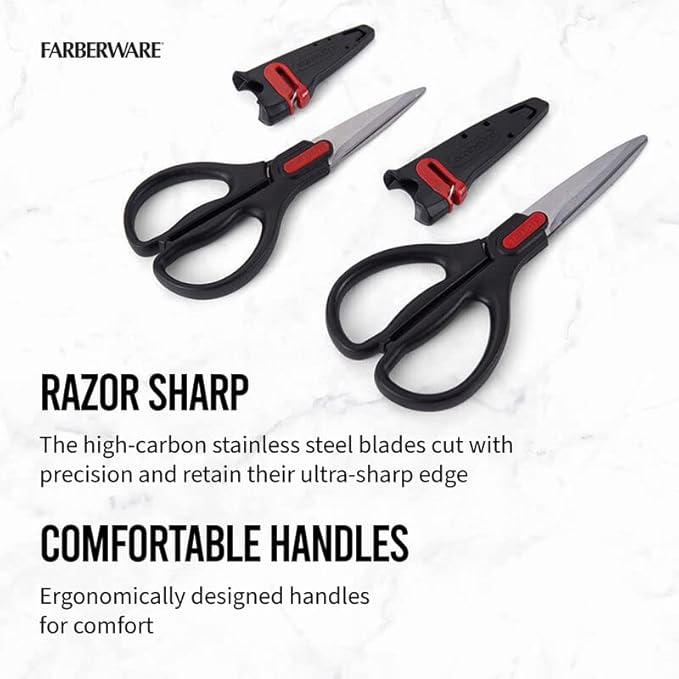 Farberware All Purpose and Utility scissors with Edgekeeper Sharpening Sheaths, Strong and Durable Multi Use Scissors, 2-Piece, Black/Red