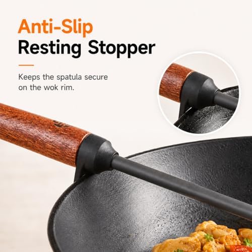 WANGYUANJI Chinese Iron Wok Spatula, Traditional Metal Wok Shovel with Wooden Handle, Stir Fry Turner for Carbon Steel, Cast Iron and Iron Woks, Hand Wash Only