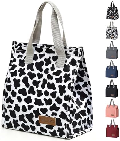 TELLUMO Black Cow Print Insulated Lunch Bag for Women, Cute Small Reusable Leakproof Lunch Box Tote Bag for Work Office Travel