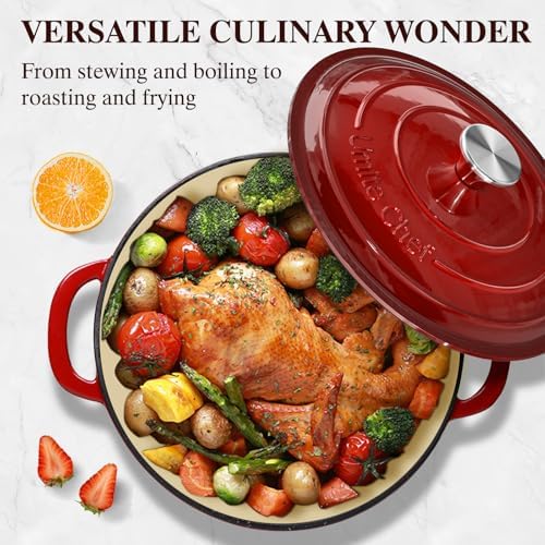 Umite Chef 7QT Enameled Cast Iron Dutch Oven with Lid & Cotton Potholders–Heavy-Duty Cookware for Bread Baking, Braising, Stews, Marinate, Cook(Red)