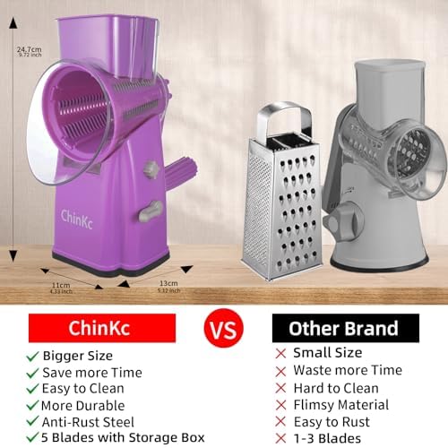 Upgrade Rotary Cheese Grater Shredder with Handle, Strong Suction Base, Multi-purpose Rotary Grater Slicer with 5 Interchangeable Blades for Ice, Vegetables, Fruit, Nuts with Blade Storage Box