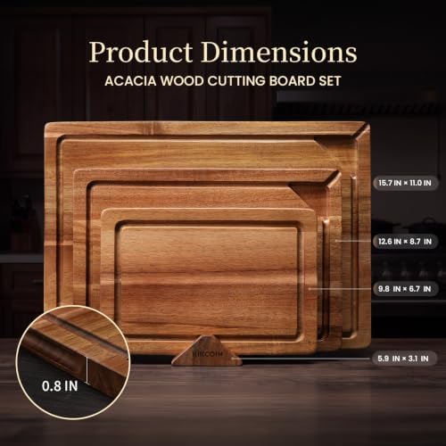 Kikcoin Acacia Wood Cutting Board Set of 3, Wooden Cutting Boards for Kitchen with Deep Juice Grooves, Butcher Block Wooden Chopping Board for Meat, Large Solid Charcuterie Boards Serving Tray
