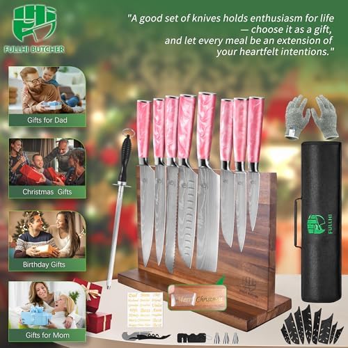 FULLHI 15pcs Japanese Knife Set with Magnetic Knife Block Holder, Stainless Steel Blades, Pink Resin Ergonomic Handles for Professional and Home Cooking
