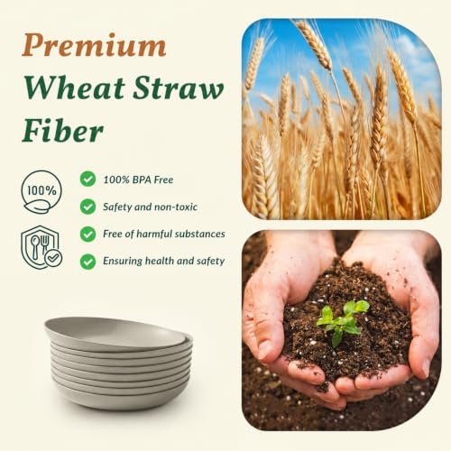 Homienly Deep Dinner Plates Set of 8 Alternative for Plastic Plates Microwave and Dishwasher Safe Wheat Straw Plates for Kitchen, Camping Unbreakable Lightweight Round Plate Set (Grey, 9 inch)