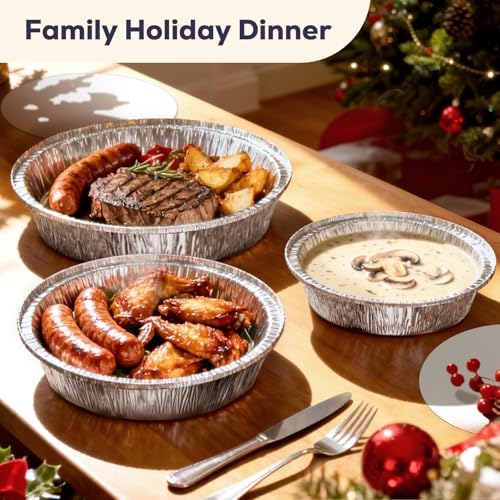 Fit Meal Prep 100 Pack 9” Round Aluminum Foil Pans with Lids, Pie Tins Disposable 9 inch with Lids, Take Out Containers, Freezer Oven Safe Aluminum Baking Pans for Storing, Cooking, Storage, Reheating