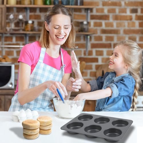 6 Cup Muffin Pan with Lid, Carbon Steel Non Stick Cupcake Pans for Baking, 9 x 13 Inch Even Crical Deep Baking Pan for Cup Cake, English Muffin, Whoopie Pie, Hamburger Buns