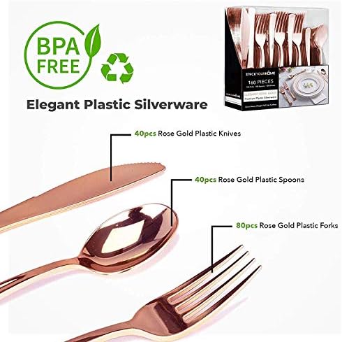 Rose Gold Plastic Silverware Set (160 Bulk Pack) Disposable Cutlery Utensils, 80 Forks, 40 Knives, 40 Spoons, Heavy Duty Rose Gold Flatware For Holidays, Parties, Dinners, Weddings, and Occasions
