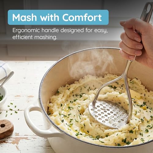 Millvado Potato Masher Stainless Steel, Best Mashed Potatoes Masher Kitchen Tool, Potato Smasher For Potatoe, Avocado, Sweet Potato, Beans, Large Heavy Duty Metal Mashing Utensil, 12.5 Inch
