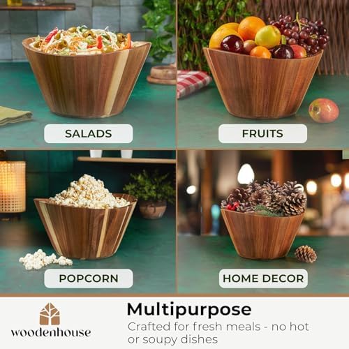 Wooden Salad Bowl Set of 3, Wavy 12" 10" 8" Wood Serving & Mixing Bowls