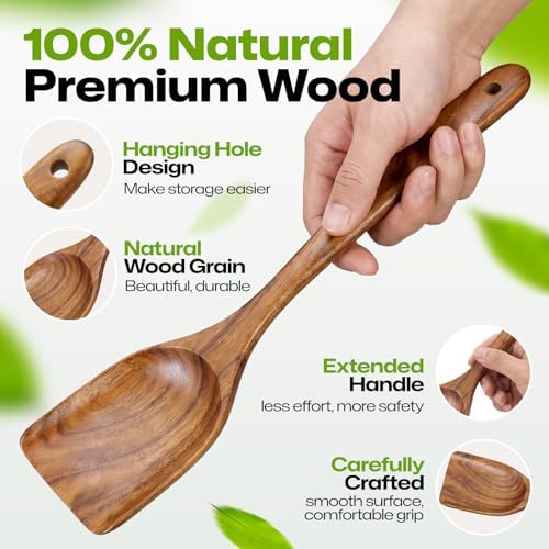AIUHI 2-Piece Teak Wooden Spatula Set, Wooden Cooking Spatulas for Flipping, Stir-Frying & Serving, Nonstick-Safe Wooden Kitchen Utensils