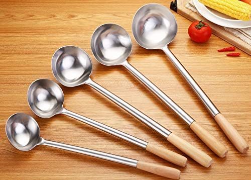 Tenta Kitchen Professional Large Stainless Steel Serving Ladle Spoon - Gravy Soup Spoon For School Canteen,Hotel Kitchen,Restaurant (Wooden Handle Ladle)