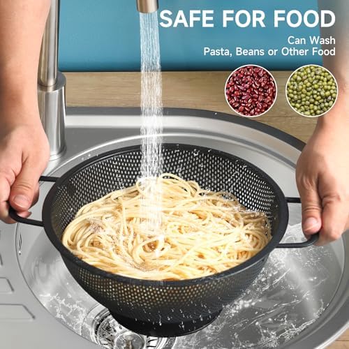 2PCS Black Colander for Kitchen, 3QT and 5QT, Stainless Steel Pasta Strainer with Handle, Pasta Strainer for Fruits Vegetables Cooking Food, Dishwasher Safe