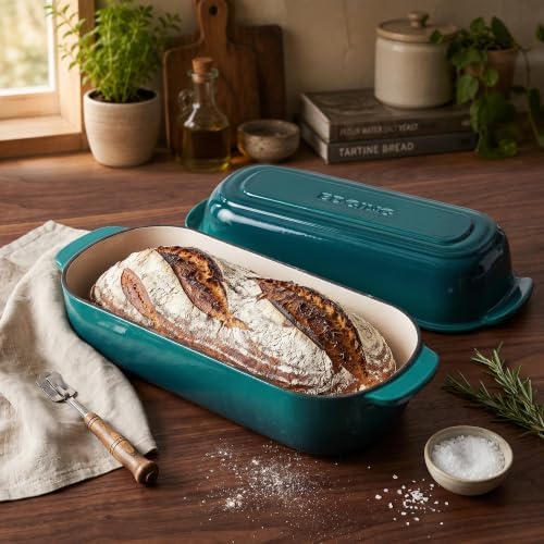 EDGING CASTING Enameled Cast Iron Loaf Pan with Lid, Bread pan, Dutch Oven Bread pan for Homemade Sourdough Bread Baking, 12.5x5.5 inch, 5qt, Darkcyan