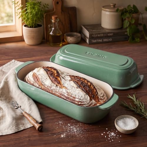 EDGING CASTING Enameled Cast Iron Loaf Pan with Lid, Bread pan, Dutch Oven Bread pan for Homemade Sourdough Bread Baking, 12.5x5.5 inch, 5qt, Sage Green