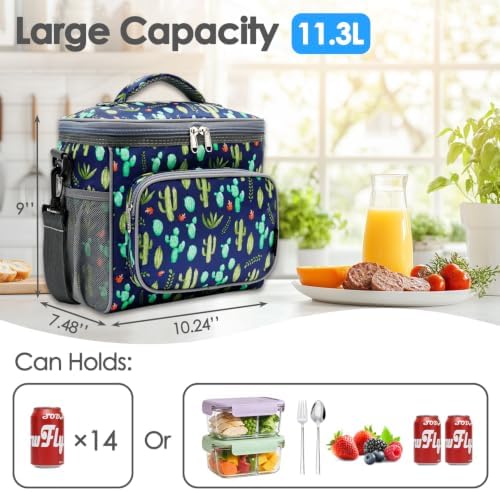 FlowFly Insulated Reusable Lunch Bag Adult Large Lunch Box for Women and Men with Adjustable Shoulder Strap,Front Zipper Pocket and Dual Large Mesh Side Pockets,Cactus