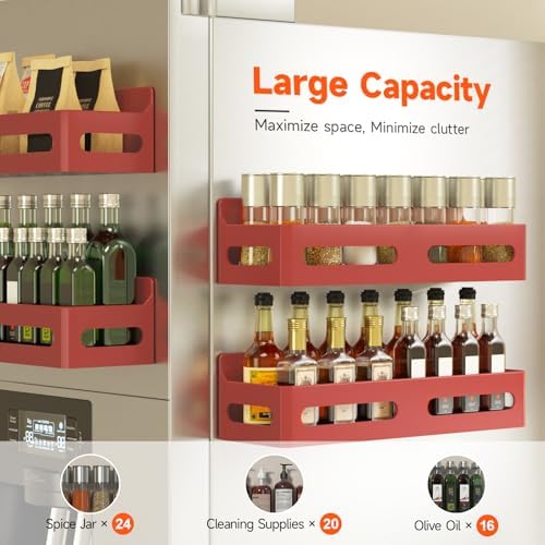 Sevenblue 4-Pack Magnetic Spice Rack for Refrigerator with Hooks, Red