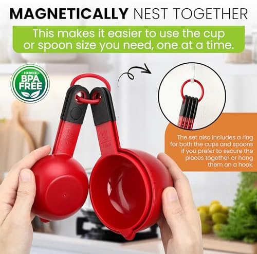 Spring Chef Set of 9 Plastic Magnetic Red Measuring Cups and Spoons