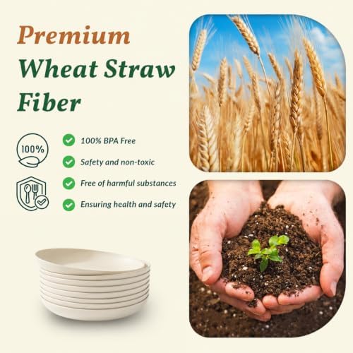 Homienly Wheat Straw Dinner Plates Set of 8, Unbreakable, Dishwasher & Microwave Safe, Modern Style, 9 inch, Beige