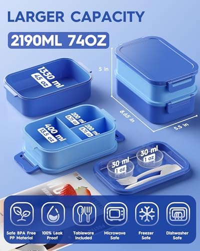 KEMETHY Adults Bento Lunch Box Set with Thermo Bag, 74oz Stackable Leak-proof 3-tiers Bento Box, Built-in Utensil and Sauce Container for Work, School, Dining Out (Blue)