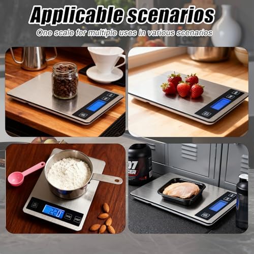 Food Kitchen Scale, 33lb Food Scale Precisely Measures Grams and Ounces for Baking and Cooking, 304 Stainless Steel Kitchen Scale for Food with LCD Display, Batteries Included