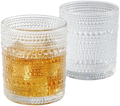OLULU Cocktail Glasses 10 oz Set of 2, Glass Hobnail Drinking Glasses, Vintage Glassware Textured Bubble Glass Cups, Old Fashioned Glasses for Kitchen and Home Bar