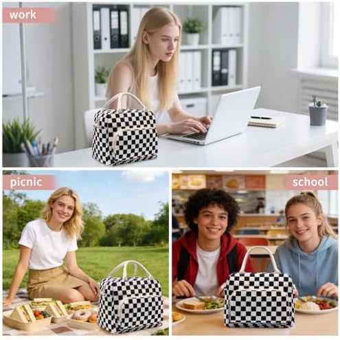 GASSDA Lunch Box for Women Insulated Lunch Bag Women Adult Cute Lunch Bags Reusable Lunchbox Cooler Tote Bag for Work Picnic (Black-White Plaid)