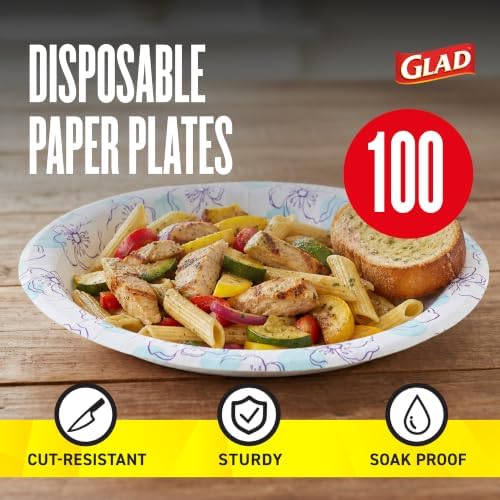 Glad Round Disposable Paper Plates, Blue Flower, 10 Inch 100 Count