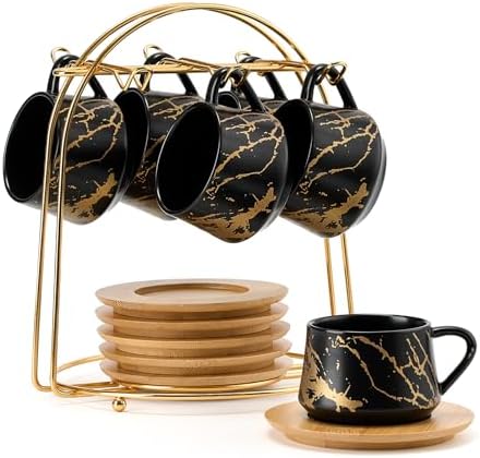 LUKA Ceramic Espresso Cups with Saucers and Metal Stand, Small 4 oz Porcelain Demitasse Cups Set of 6, Cute Cappuccino Coffee Cups for Double Espresso, Tea, Marbling Black