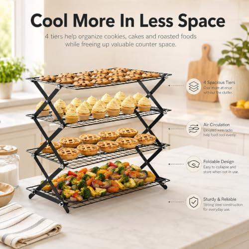 4 Tier Collapsible Cooling Racks for Baking, Adjustable Wire Cooling Rack, Stackable Roasting Cooking Drying Cooling Racks for Cookies, Bread and Picnic Party Must Haves