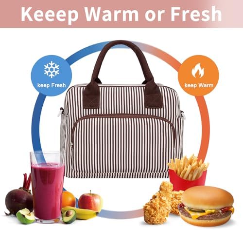 Lunch Bag Women Lunch Box for Women Adult Cute Insulated Lunch Bag Lager Cooler Lunch Tote Bags for Work Picnic (Coffee Stripes)