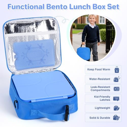 Bento Lunch Box with 8oz Soup Thermo,Kids Leakproof 4 Compartment Lunch Food Containers with Sauce Cup and Ice Pack,Kids Thermo Insulated Hot Food Jar and Lunch Bag for School,Trvael-Blue