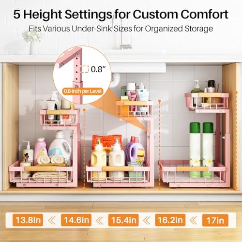PXRACK Under Sink Organizer, Adjustable Height, 2 Tier Pull Out Under Cabinet Organizer, Slide Out Thickened Metal Under Sink Storage for Kitchen Bathroom Laundry Pantry Cabinet, Pink, Large-1-Pack