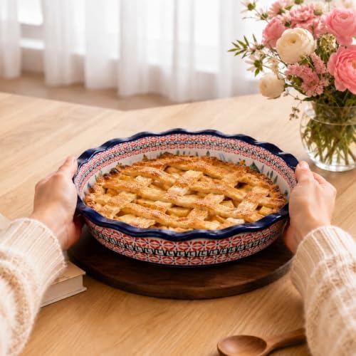 Ceramic Pie Pan for Baking, 10.6 inch Hand-Painted Pie Plate for Cooking, 37 oz Deep Dish Pie Pans, Non-Stick Pie Dishes for Apple Pie, Tart, Pizza, Quiche, Oven & Dishwasher Safe, Lead-Free, White