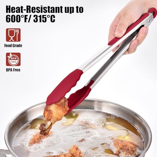 Doosu Kitchen Tongs with Silicone Tips for Cooking Serving (3Pcs, Red)