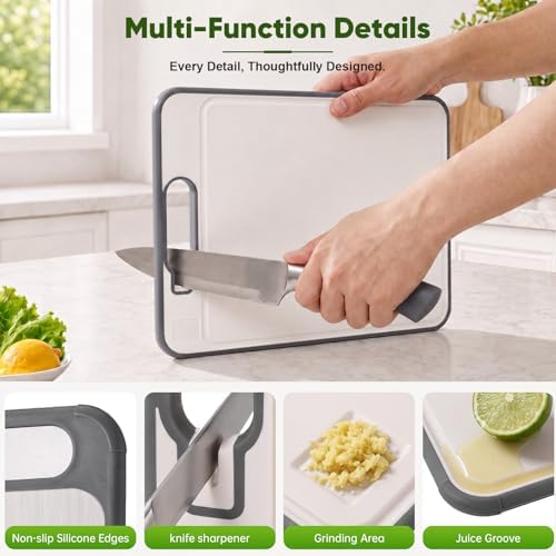 Titanium Cutting Board for Kitchen, Double-Sided Titanium and PP Cutting Board with Knife Sharpener, Grinding Area, Juice Groove, Kitchen Towel Included, Large 15" × 10.4", Easy-Clean Chopping Board