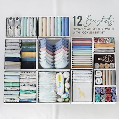 Drawer Organizer Clothes Set of 12 White-Grey - Dresser Organizer For Nursery, Bedroom, Closet - Perfect Baby Clothes Organizer and Storage & General Nursery Organization or Dresser Drawer Organizers