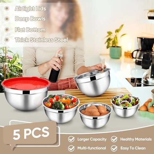 TeamFar Mixing Bowls Set of 5, Stainless Steel Metal Salad Bowls with Lids