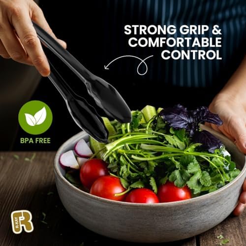 12 Pack 9 Inch Large Plastic Serving Tongs For Buffet - Plastic Serving Utensils For Hot And Cold Food - Disposable Serving Tongs For Parties, Holidays And Gatherings (Black)