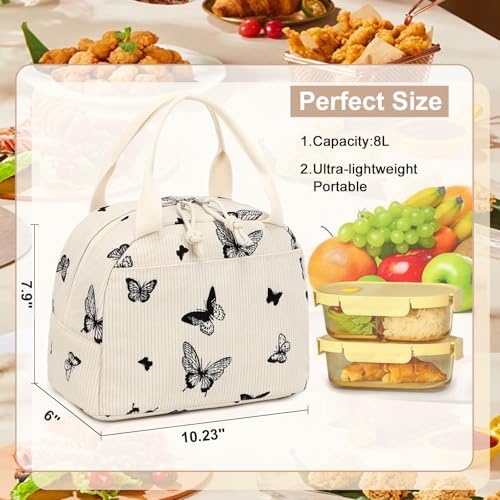 LEDAOU Lunch Box for Women Insulated Lunch Bag Corduroy Lunch Tote Bags Leakproof Cooler Lunch Case for Travel Work Picnic (Corduroy Beige-Butterfly)