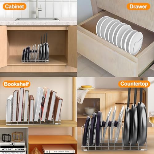 FLSEPAMB Pot Lid Organizer Pan Lid Organizer Kitchen Pot Lid Rack Suitable for Bakeware Dish Plate, Cutting Boards, Pots & Pans, Serving Trays, Reusable Holder (2 Pack)