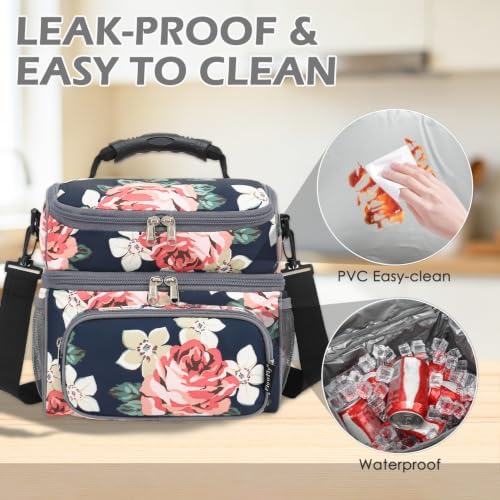 FlowFly Double Layer Cooler Insulated Lunch Bag Adult Lunch Box Large Tote Bag for Men, Women, With Adjustable Strap,Front Pocket and Dual Large Mesh Side Pockets