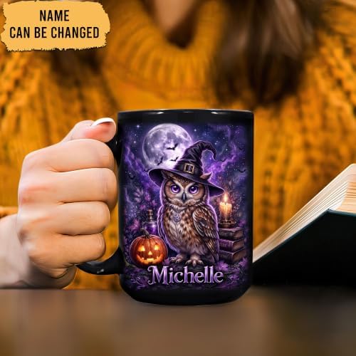 Hyturtle Personalized Halloween Owl Mug, Custom Name Gift for Women