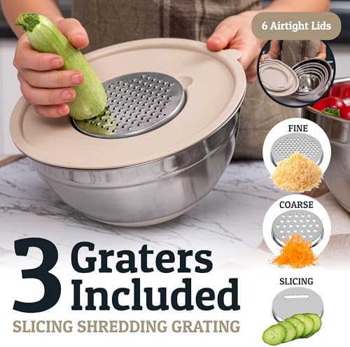 Priority Chef 6Pc Stainless Steel Mixing Bowls with Lids Set, Huge 7 Qrt Size Metal Bowl Set for Kitchen, 3 Graters, Non-Slip Bases & Silicone Utensils Set, Khaki