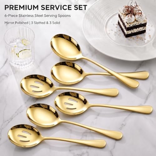 LIANYU 6 Pack Gold Serving Spoons Set, Large Serving Utensil Set