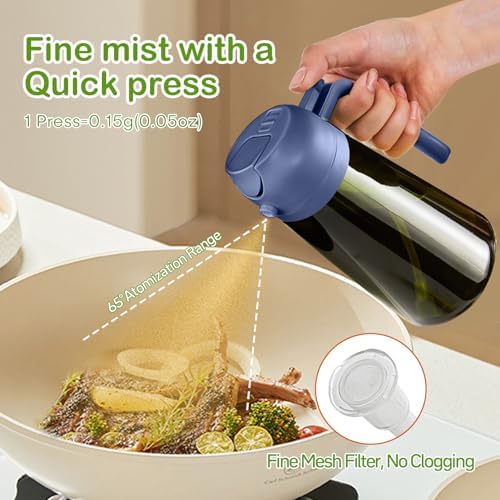 YARRAMATE 16oz/470ml Dark Green Oil Sprayer for Cooking with Stickers, Food-grade Premium 2 in 1 Olive Oil Dispenser Bottle for Kitchen Gadgets, Air Fryer, Salad, Frying, BBQ (Navy)