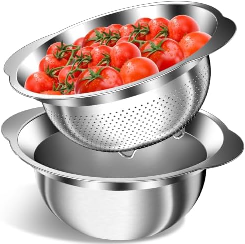 3.5QT Colander with Bowl, Rice Strainer, Stainless Steel Mixing Bowls with Strainer, Pasta Strainer, Colander for Kitchen for Rice Pasta Fruits Vegetables, Rice Cleaner Strainer, Dishwasher Safe