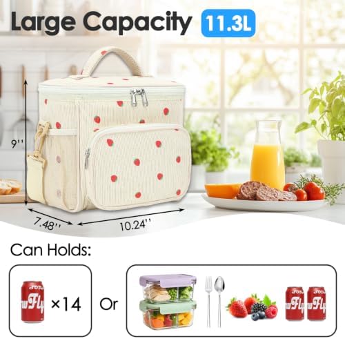 FlowFly Insulated Reusable Lunch Bag Adult Large Lunch Box for Women and Men with Adjustable Shoulder Strap,Front Zipper Pocket and Dual Large Mesh Side Pockets, Corduroy Strawberries Beige