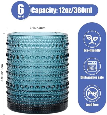 ZMOWIPDL Drinking Glasses Set of 6,12oz Blue Hobnail Glass Cups