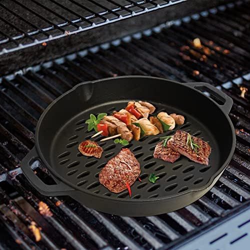 12" Round Cast Iron Grill Basket with Dual Handles – For Veggies/Fish/Meat